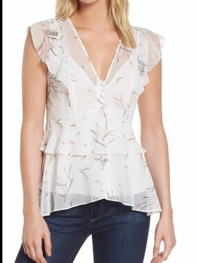 Chelsea28 White Floral Ruffle V-Neck Peplum Blouse